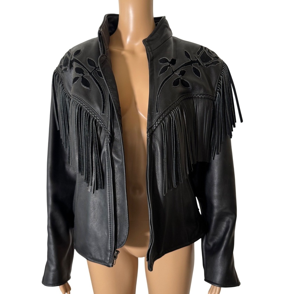 Fashions by Rose Vintage Black Leather Fringe Western Biker Jacket Floral US 16 - Picture 4 of 9